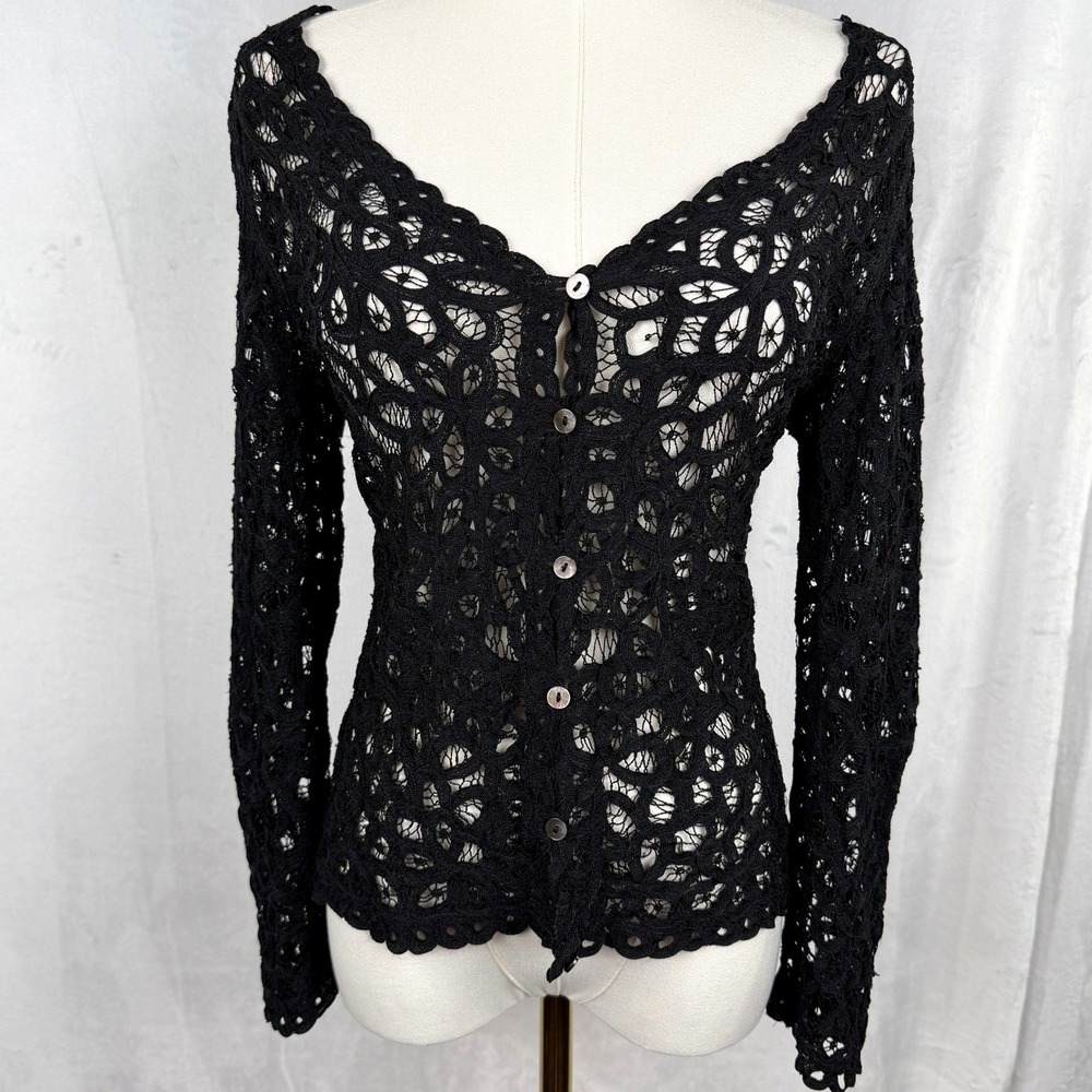 Vintage Monsoon Black Lace Crochet Top Sheer Whimsigoth Fairy‎ Grunge Witchy S
